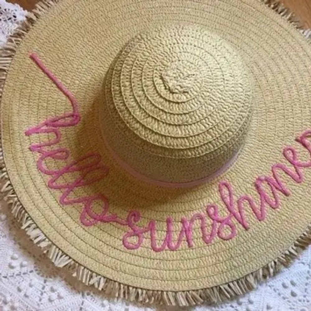 Straw Floppy Sun Hat Hello Sunshine Pink Embroidered Beach‎ Pool Summer